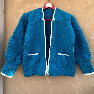 Vintage 1960's Blue Wool Knit Cardigan Sweater size Medium